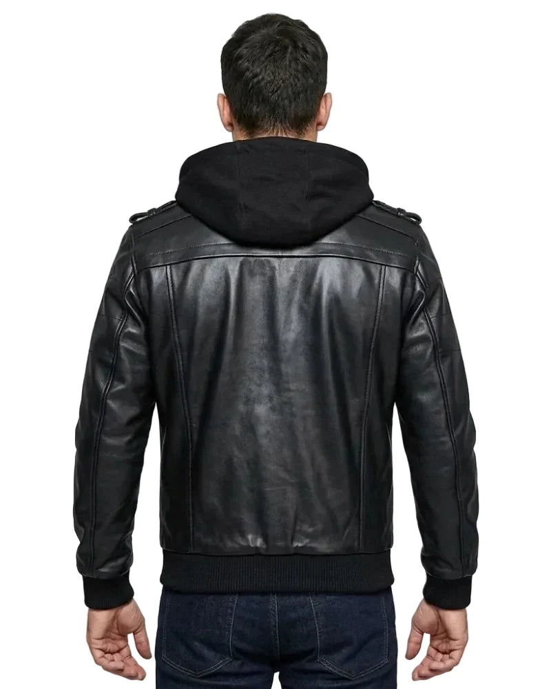Sowachi Gabriel - Men's Black Bomber Leather Jacket With Removable Hood