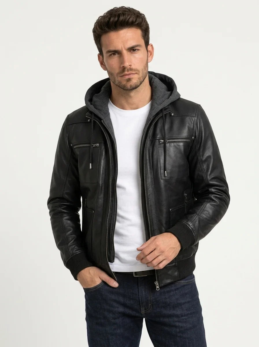 Sowachi Men's Black Bomber Leather Jacket with Removable Gray Hood