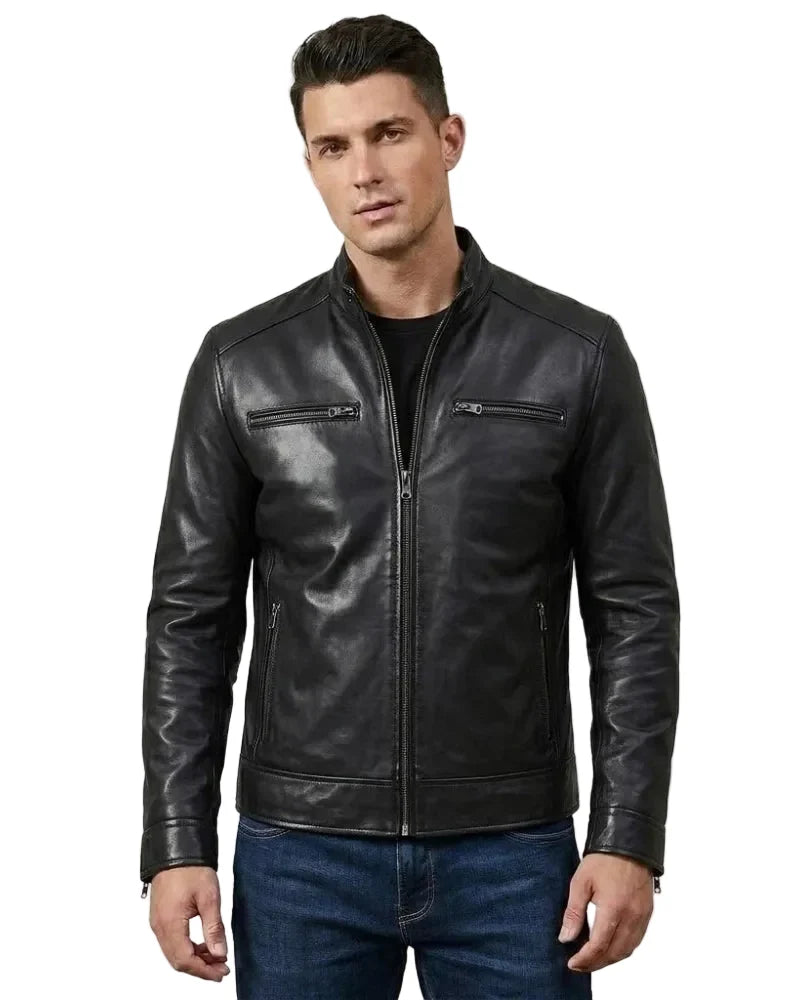 Sowachi  Fin - Men's Black Cafe Racer Sheepskin leather Jacket