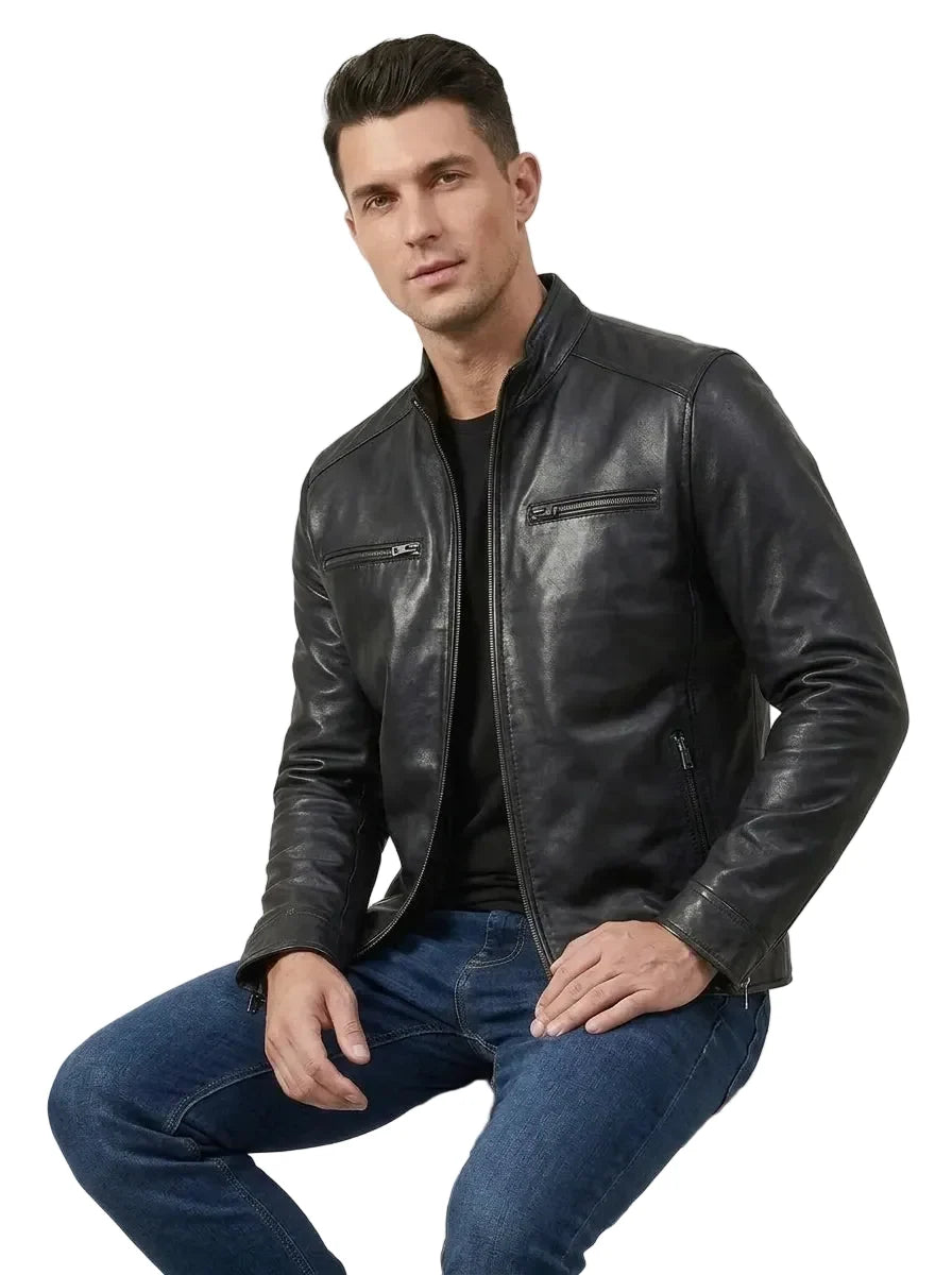 Sowachi  Fin - Men's Black Cafe Racer Sheepskin leather Jacket