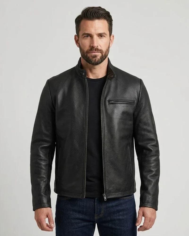 Sowachi Men's Black Cowhide Leather Cafe Racer Jacket