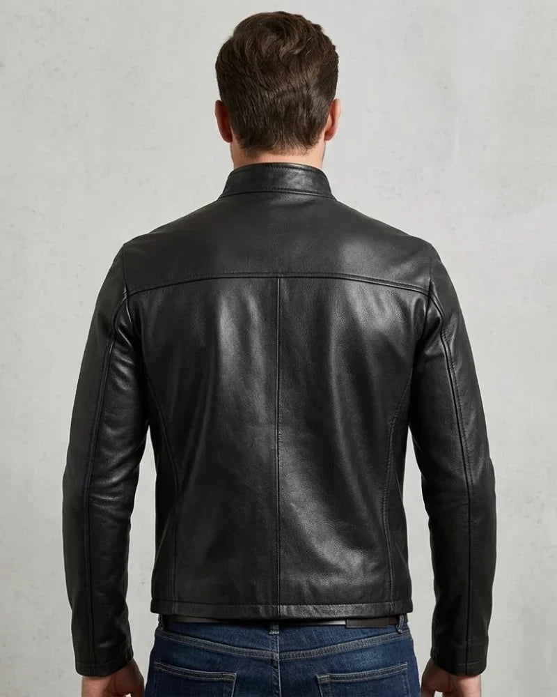 Sowachi Men's Black Cowhide Leather Cafe Racer Jacket