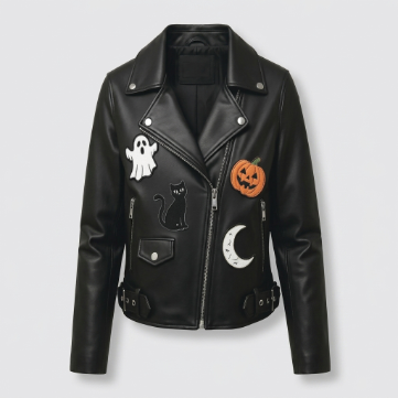 Sowachi Men's Black Halloween Patch Sheepskin Leather Jacket