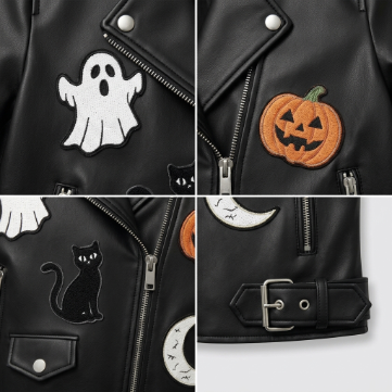 Sowachi Men's Black Halloween Patch Sheepskin Leather Jacket