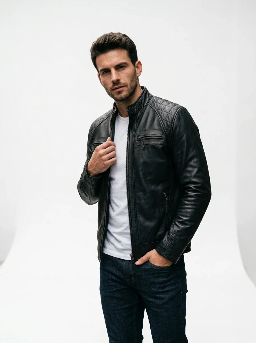 Sowachi Men's Black Sheep Leather Motorcycle Style Jacket