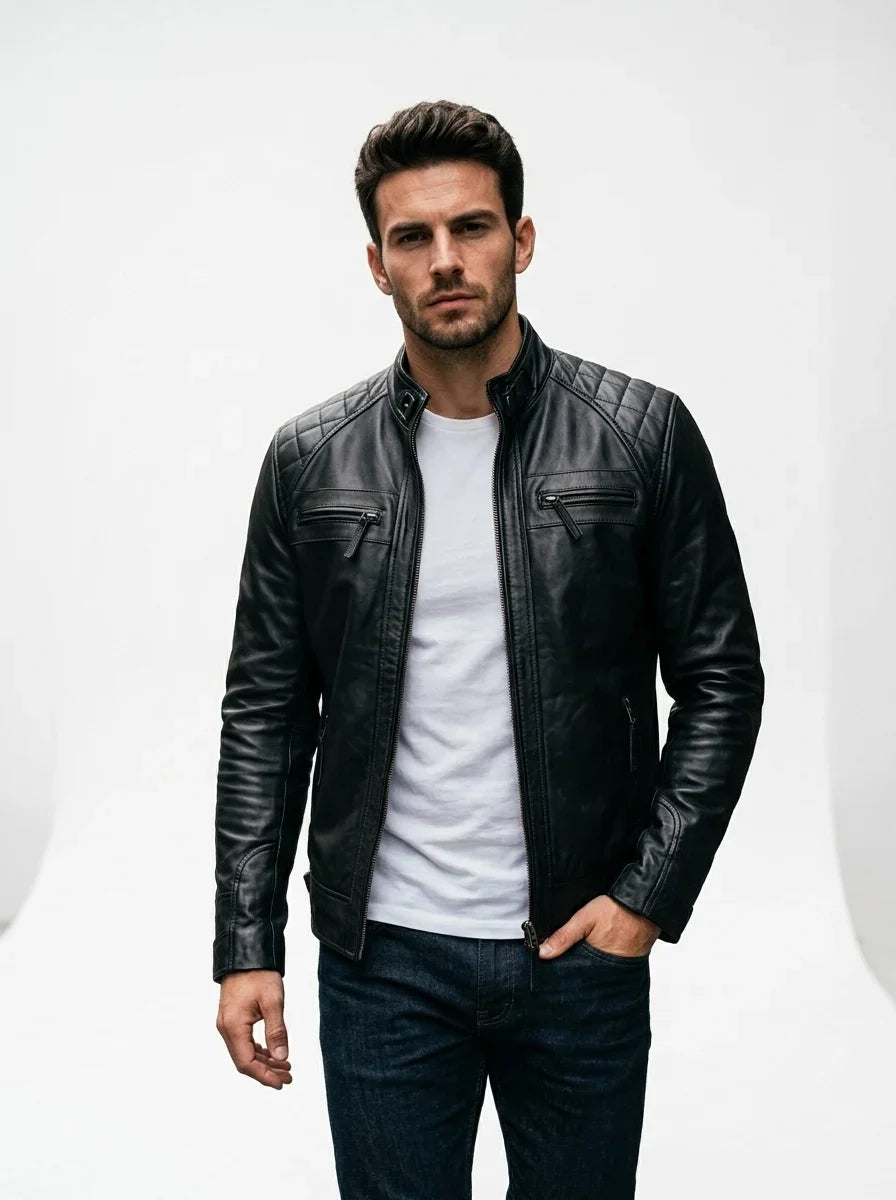 Sowachi Men's Black Sheep Leather Motorcycle Style Jacket