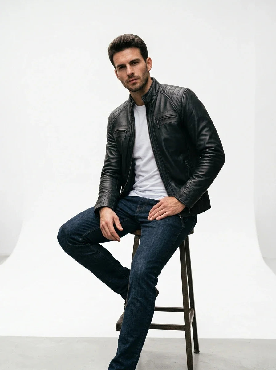 Sowachi Men's Black Sheep Leather Motorcycle Style Jacket