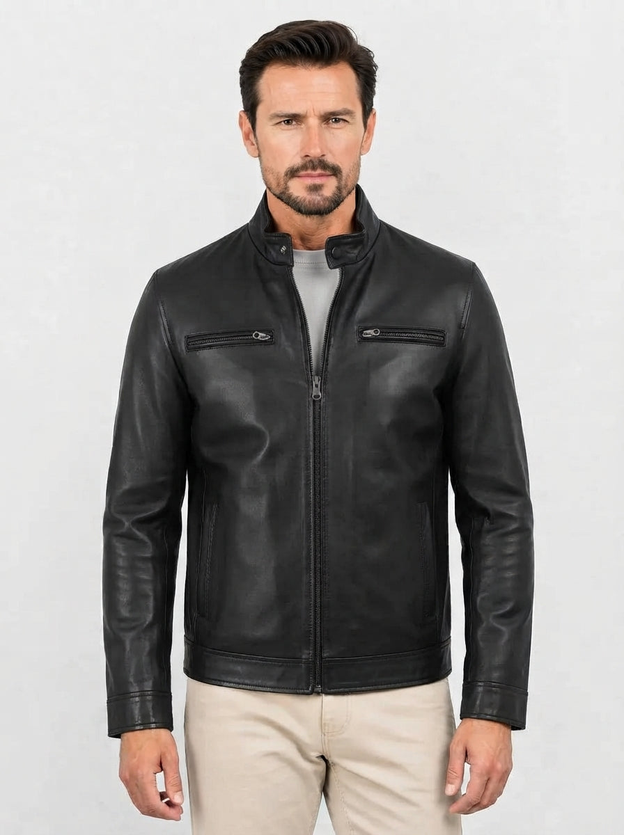 Sowachi Men's Black Sheepskin Leather Biker Style Jacket