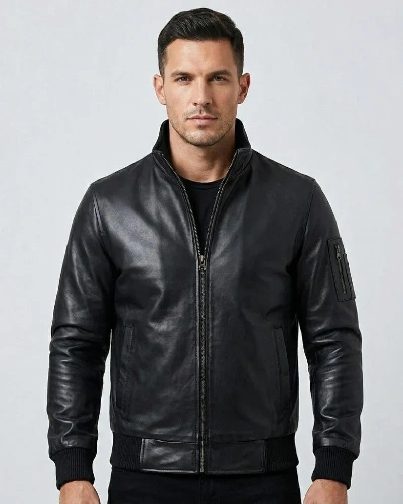 Sowachi Men's Black Sheepskin Leather Bomber Jacket