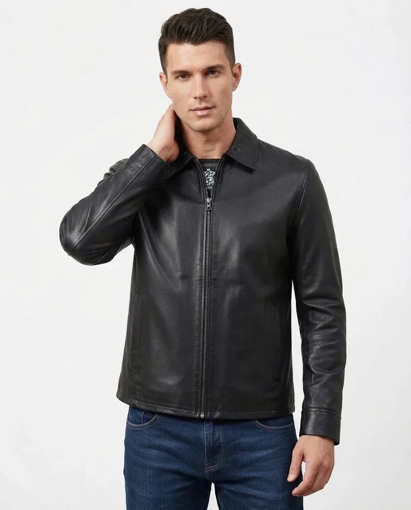Sowachi Wavric - Men's Black Shirt Collar Sheepskin Leather Jacket