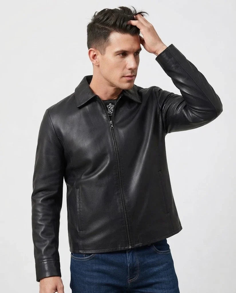 Sowachi Wavric - Men's Black Shirt Collar Sheepskin Leather Jacket