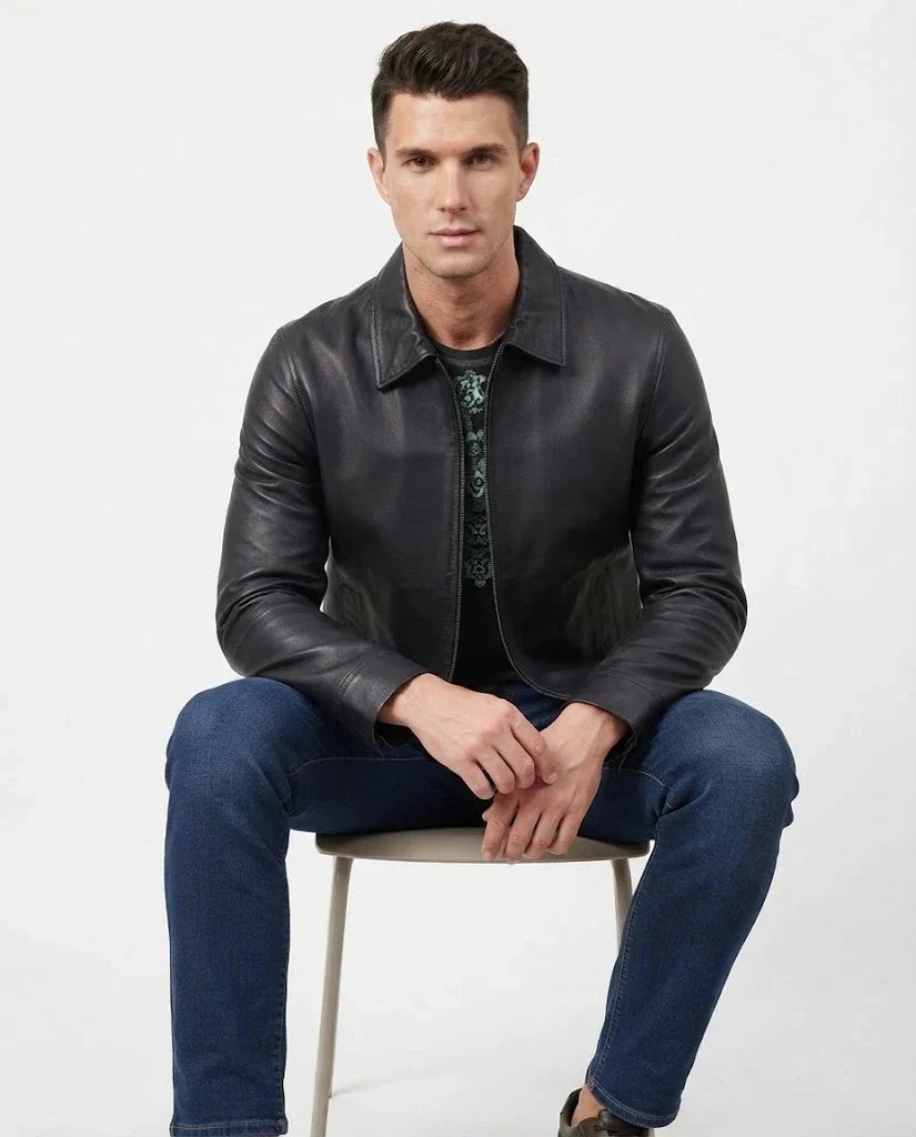 Sowachi Wavric - Men's Black Shirt Collar Sheepskin Leather Jacket