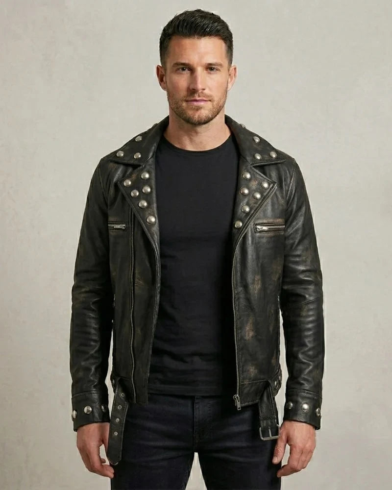 Sowachi Men's Black Studded Biker Leather Jacket