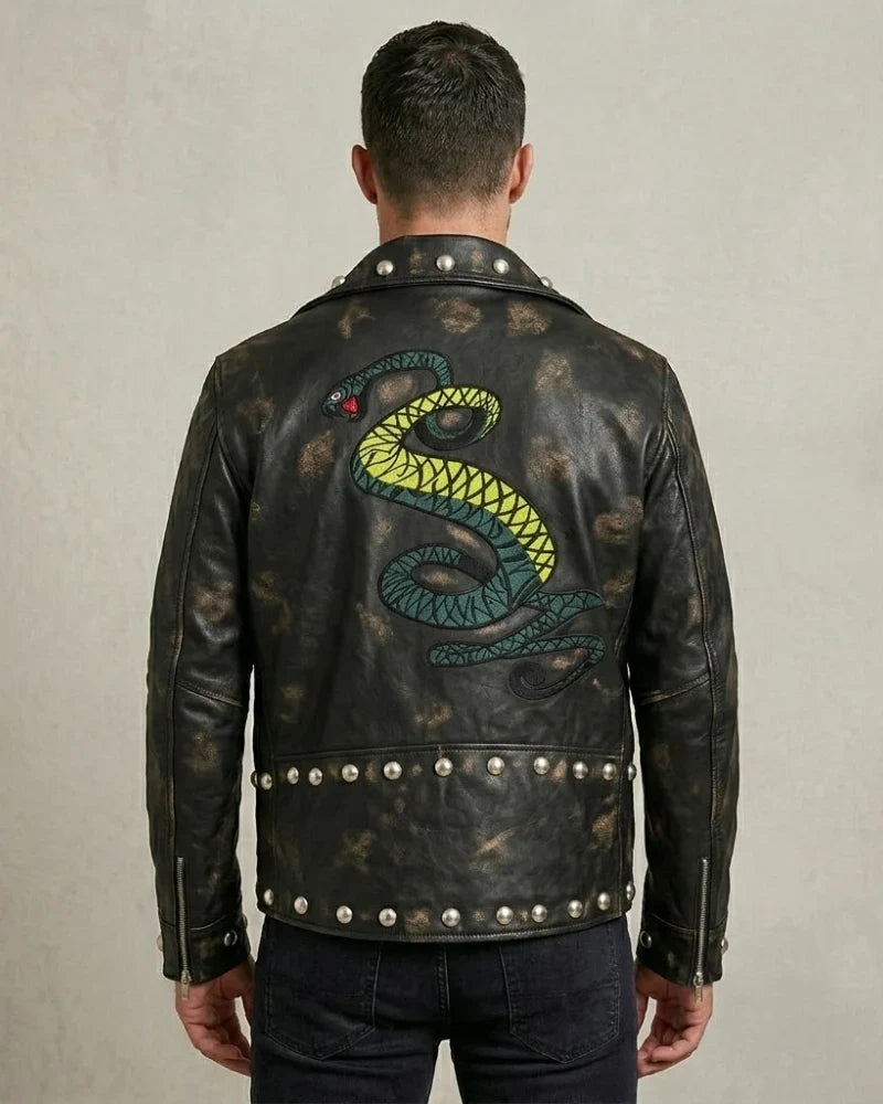 Sowachi Men's Black Studded Biker Leather Jacket