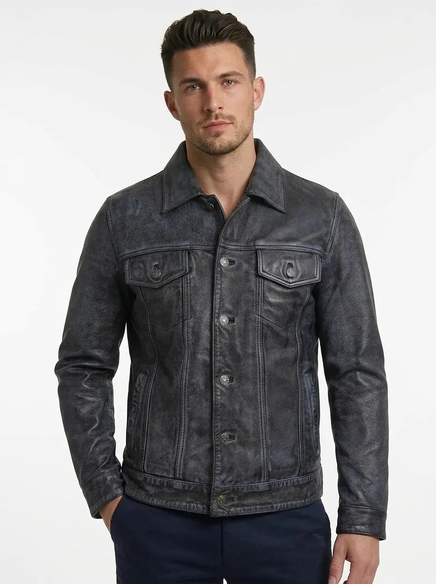 Sowachi Men's Black Washed Leather Trucker Jacket
