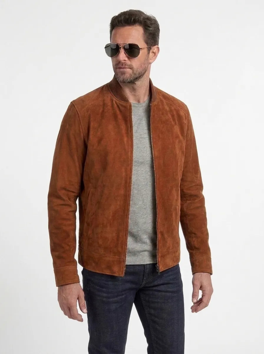 Sowachi Men's Blain Brown Suede Leather Bomber Jacket