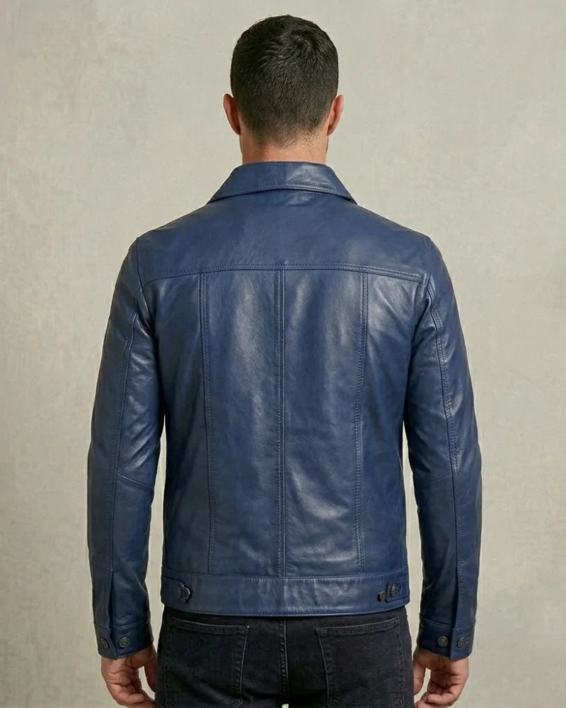 Sowachi Men's Blue Leather Trucker Jacket