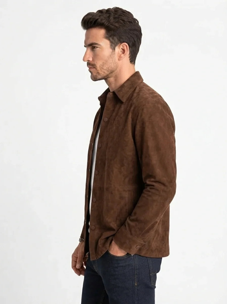 Sowachi Men’s Brown Goatskin Suede Leather Shirt
