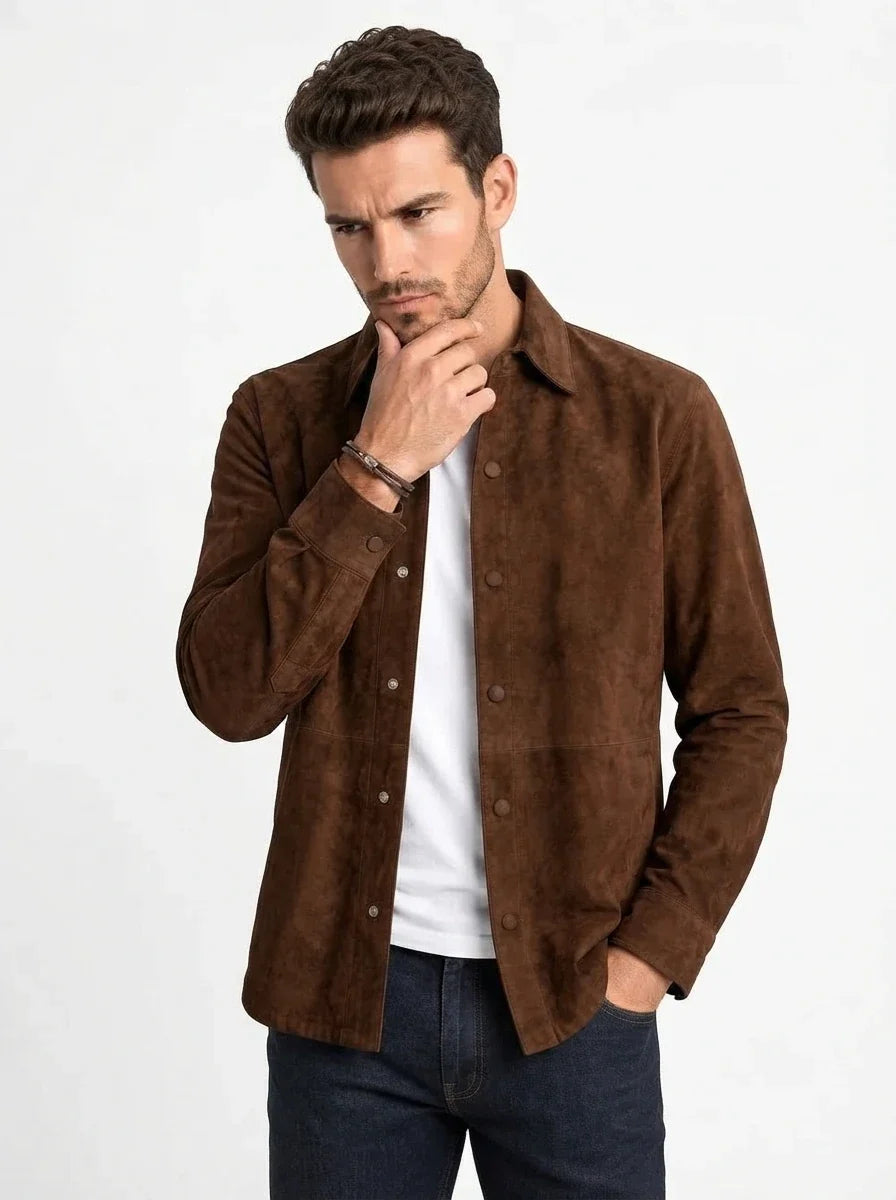 Sowachi Men’s Brown Goatskin Suede Leather Shirt