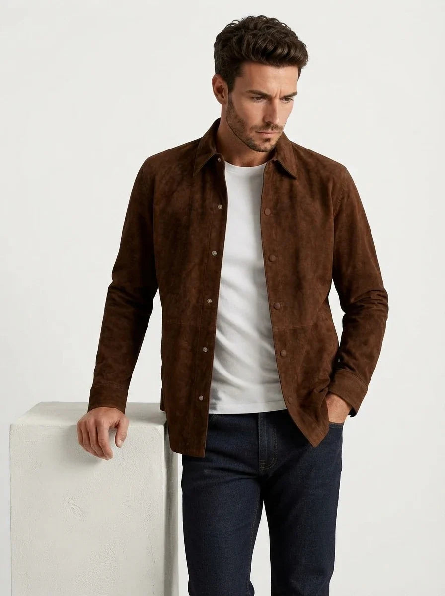 Sowachi Men’s Brown Goatskin Suede Leather Shirt