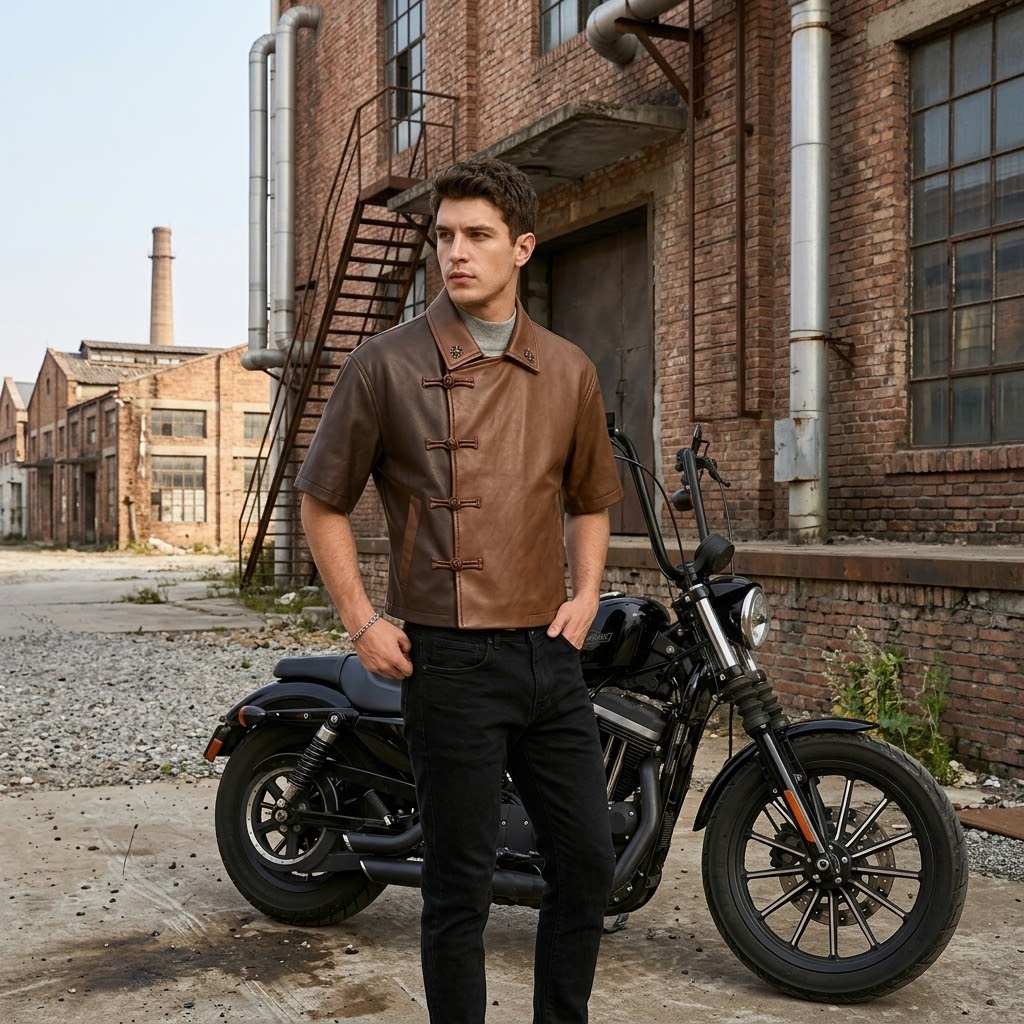 Sowachi Mike: Men's Brown Oversized Leather Shirt Jacket