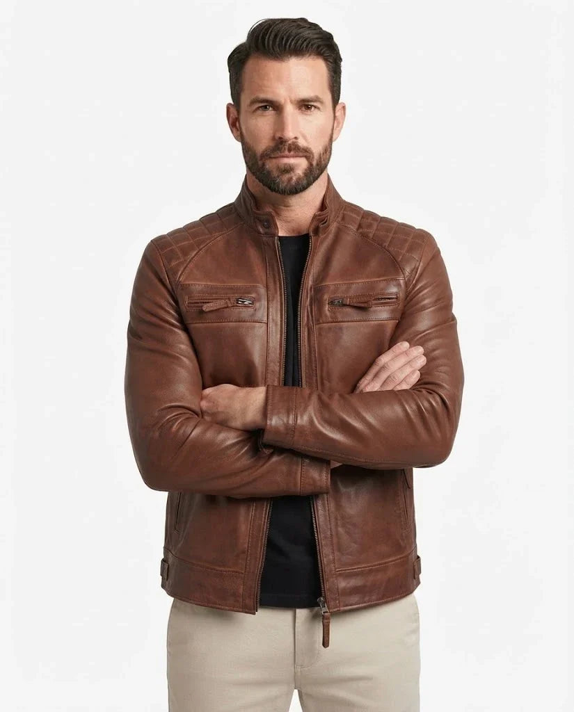 Sowachi Men’s Brown Quilted Leather Style Biker Jacket