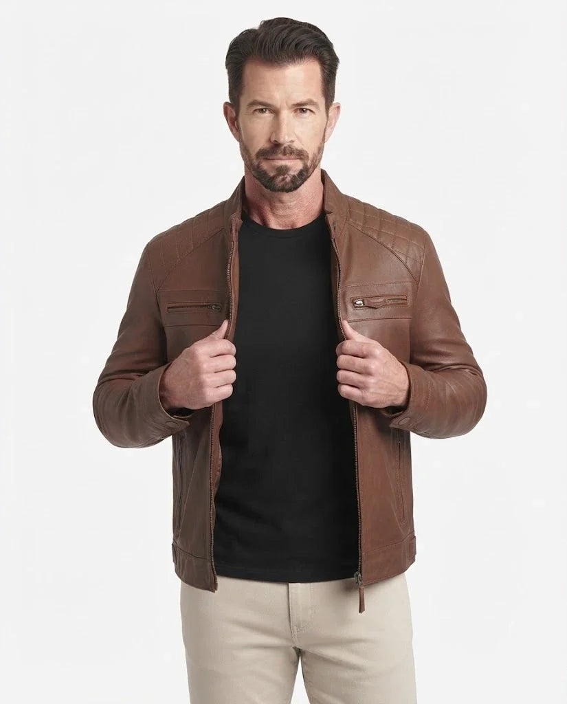Sowachi Men’s Brown Quilted Leather Style Biker Jacket