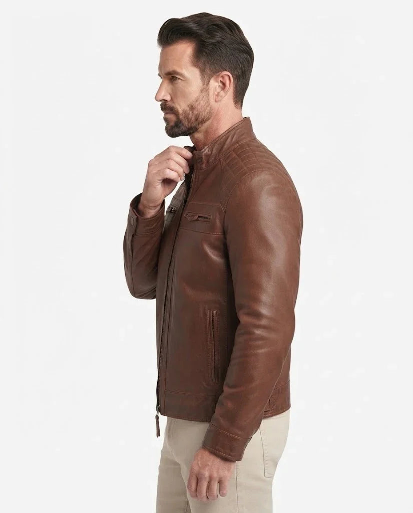 Sowachi Men’s Brown Quilted Leather Style Biker Jacket