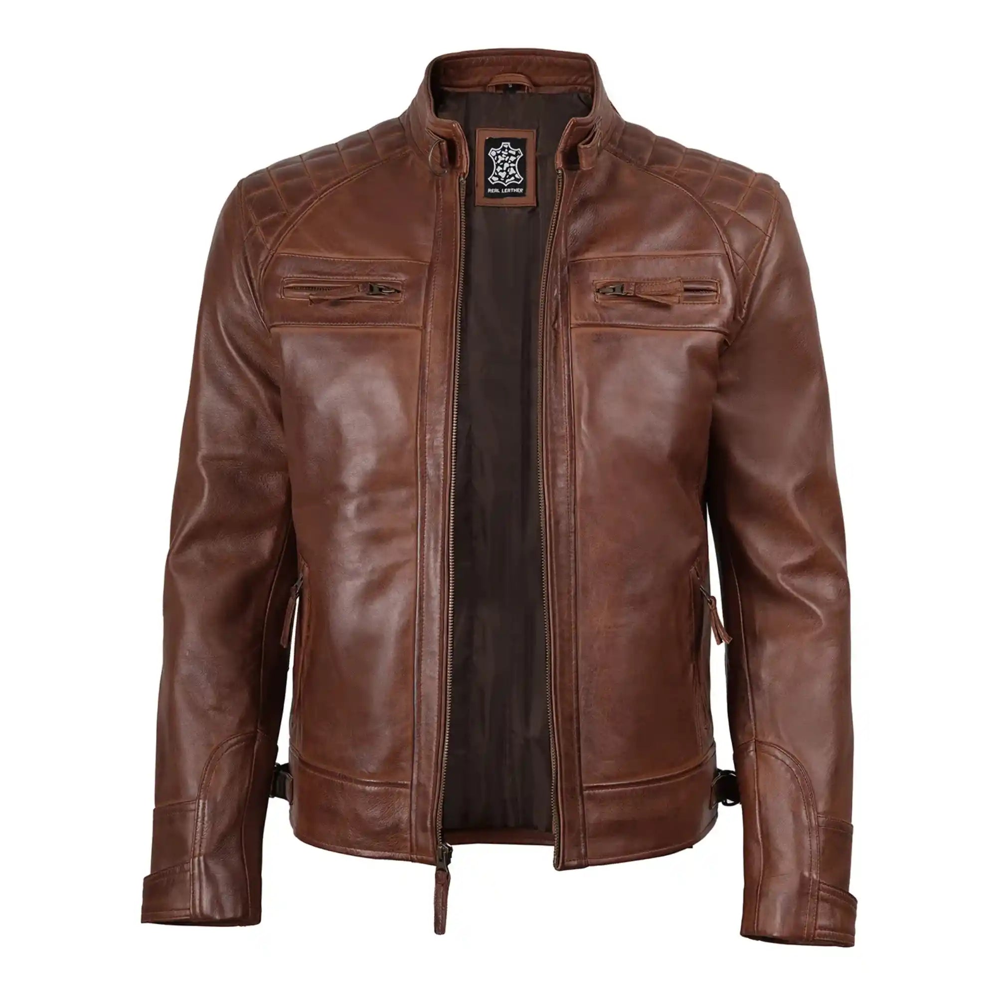 Sowachi Men’s Brown Quilted Leather Style Biker Jacket