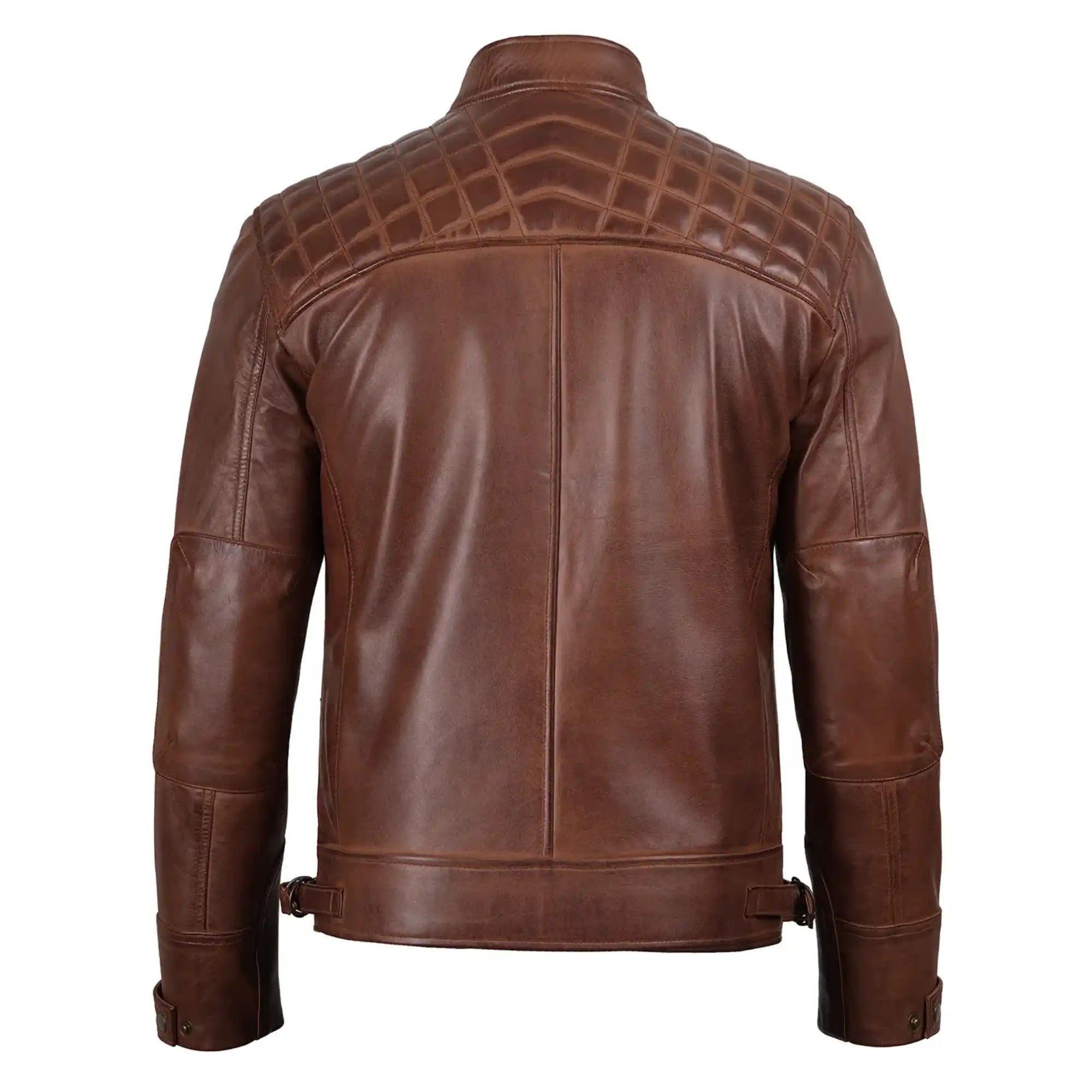 Sowachi Men’s Brown Quilted Leather Style Biker Jacket