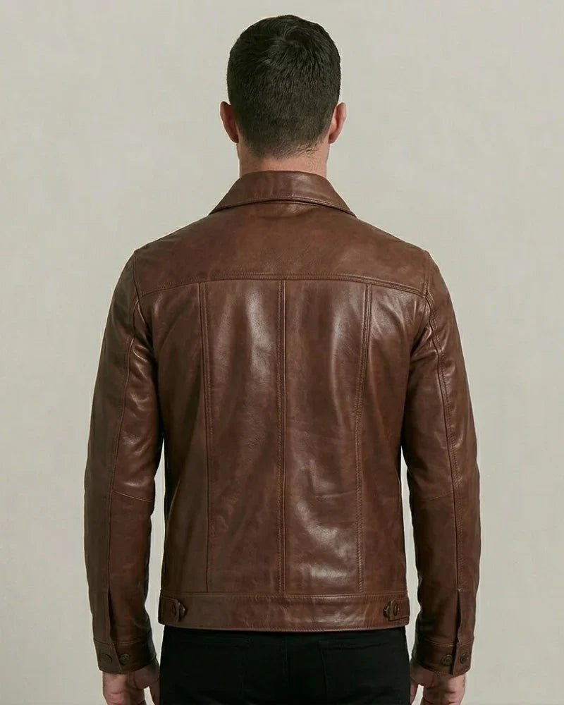 Sowachi Men's  Brown Sheepskin Leather Trucker  Jacket