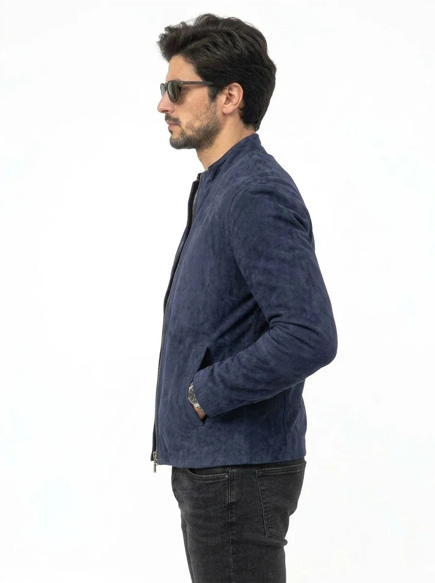 Sowachi Men’s Charcoal Navy Blue Suede Biker Jacket