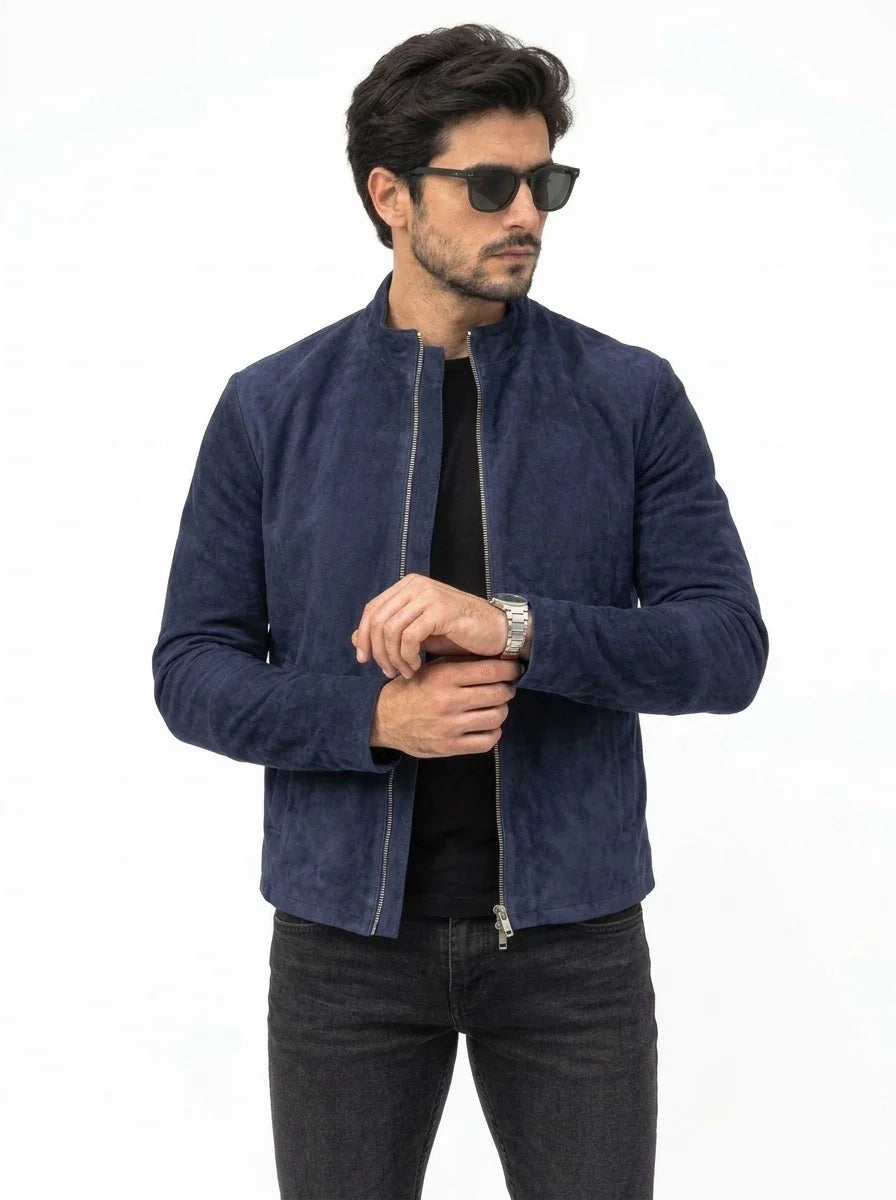 Sowachi Men’s Charcoal Navy Blue Suede Biker Jacket