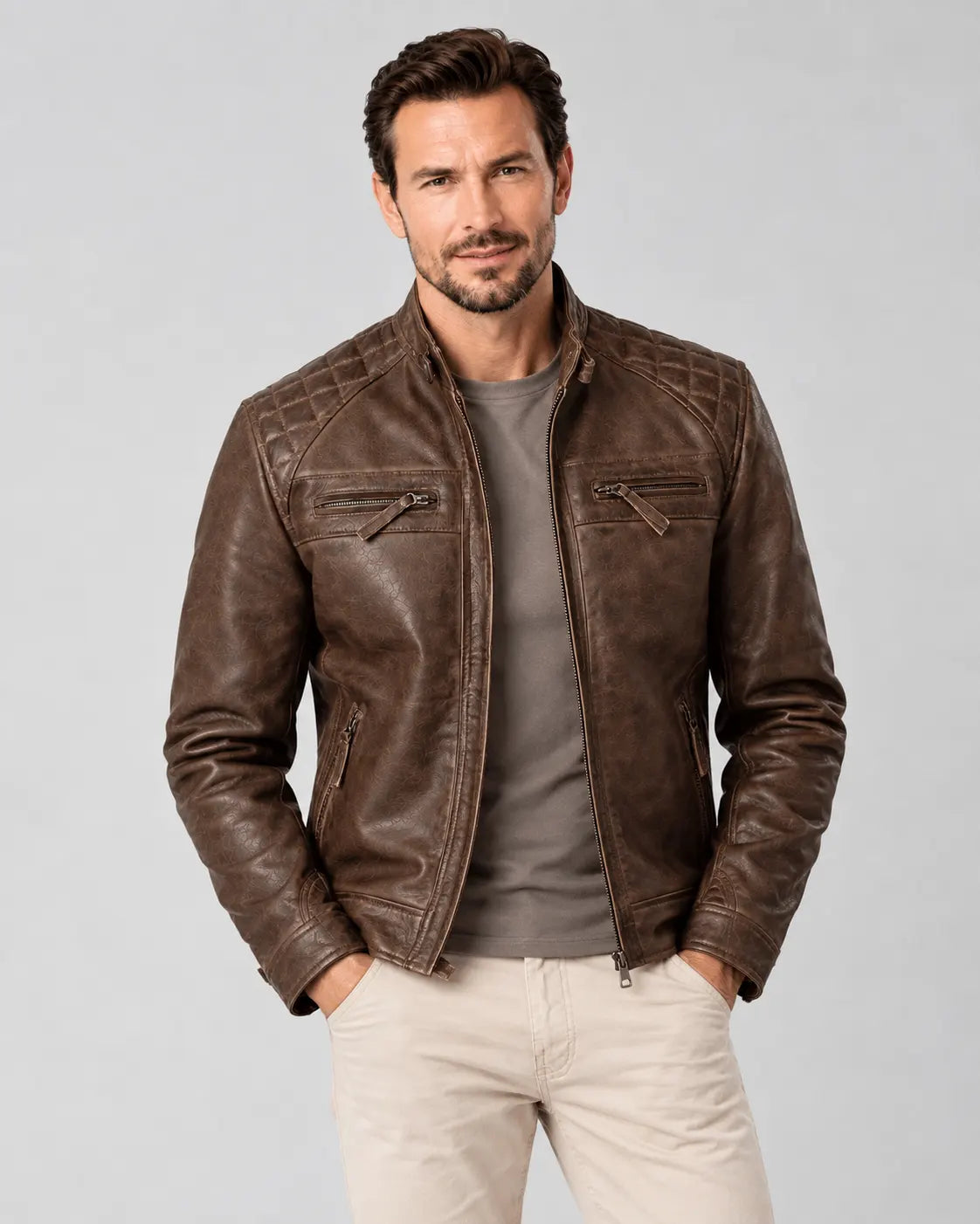 Sowachi Men's Chocolate Brown Cafe Racer Real Leather Jacket