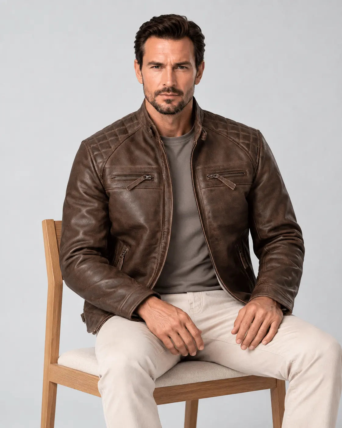 Sowachi Men's Chocolate Brown Cafe Racer Real Leather Jacket