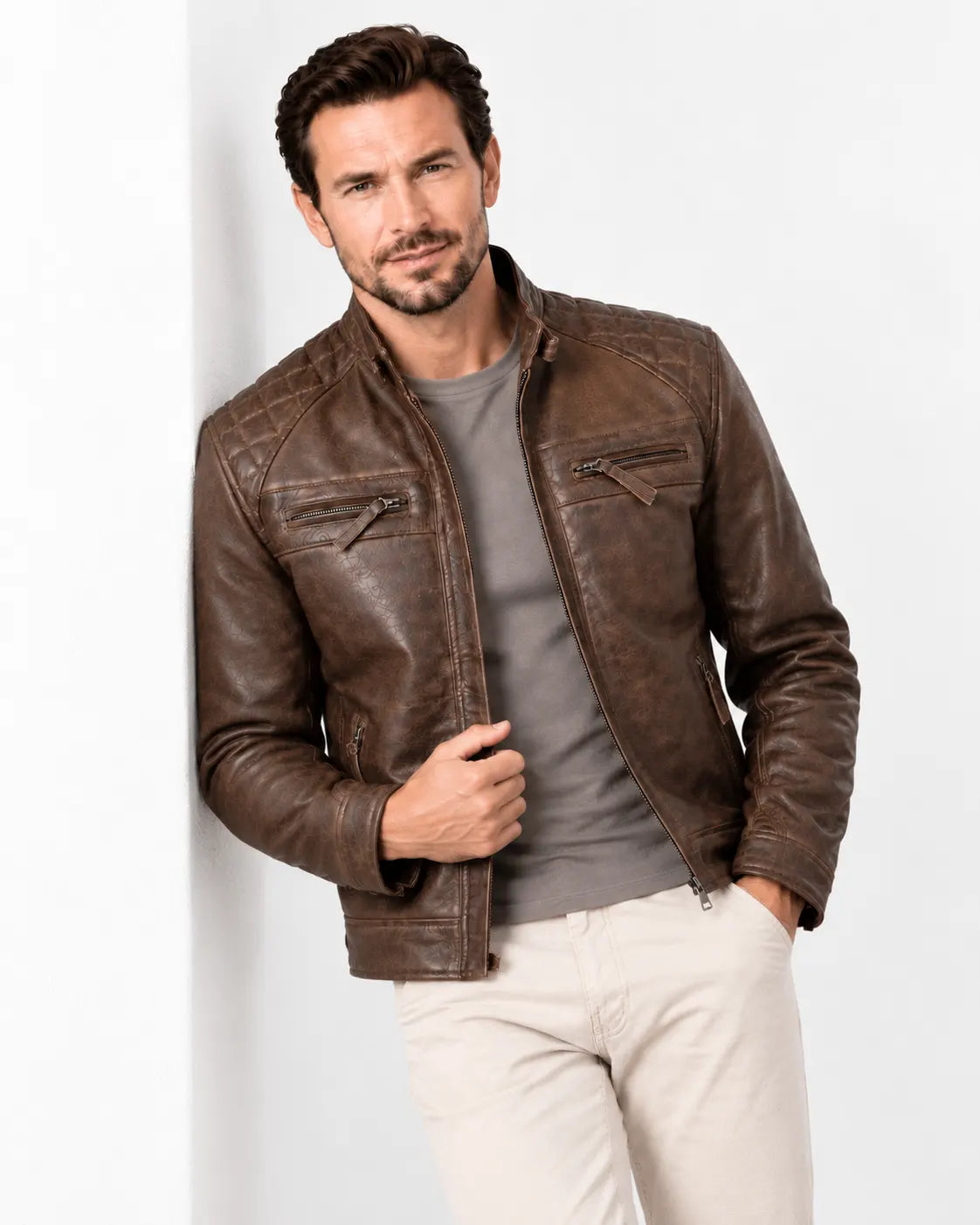 Sowachi Men's Chocolate Brown Cafe Racer Real Leather Jacket