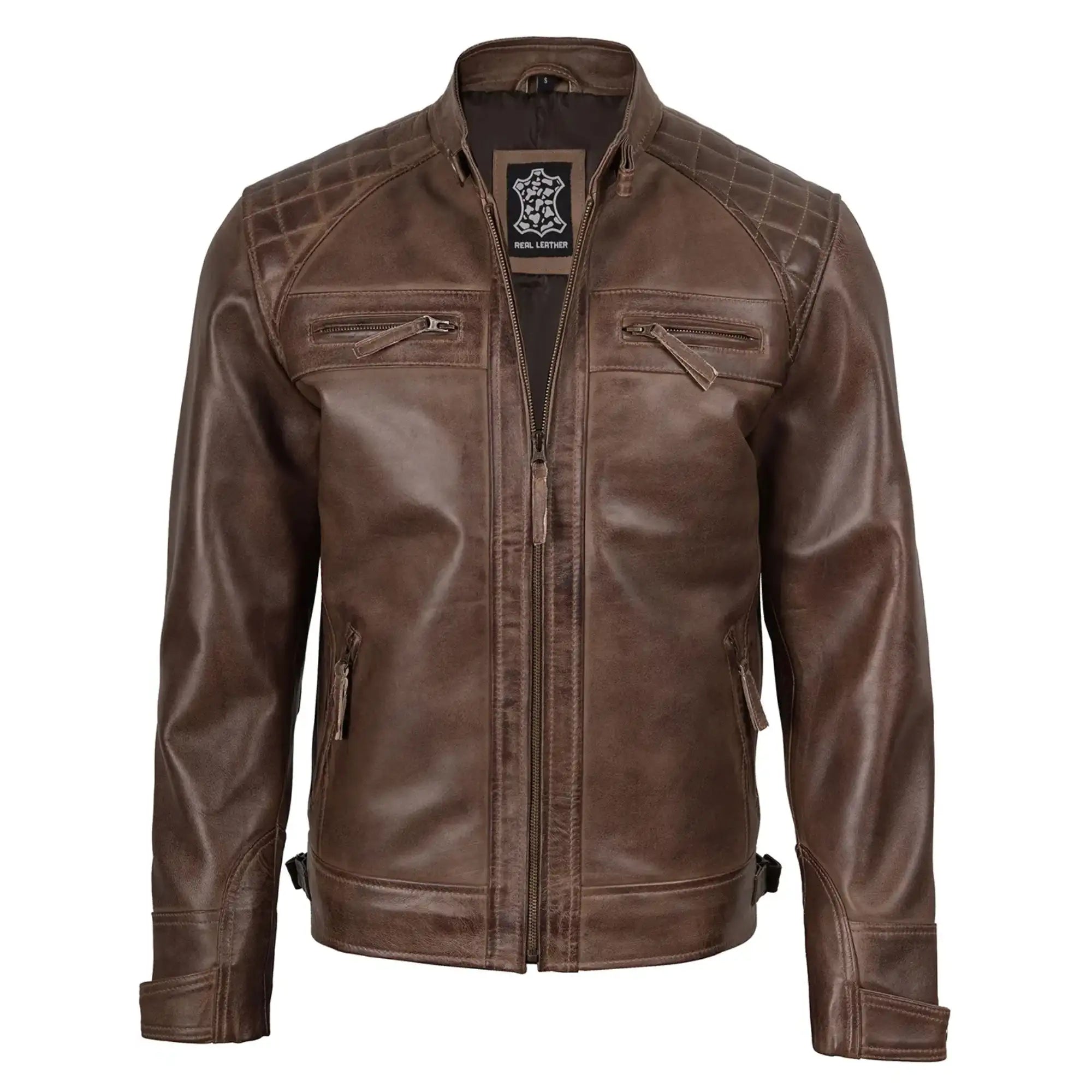 Sowachi Men's Chocolate Brown Cafe Racer Real Leather Jacket