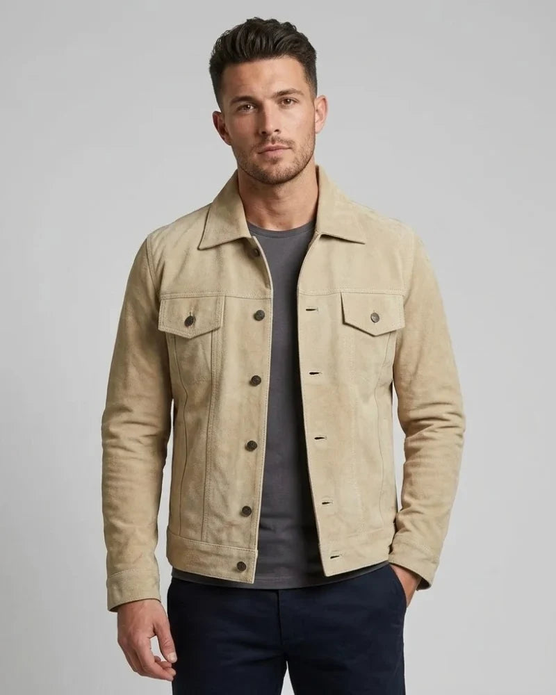 Sowachi Men's Classic Real Suede Camel Trucker Style Leather Jacket