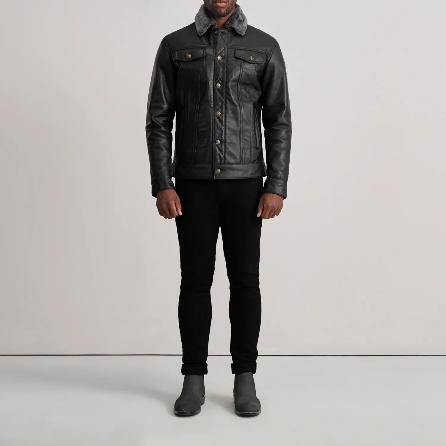 Sowachi Dallis Black Leather Shearling Trucker Jacket