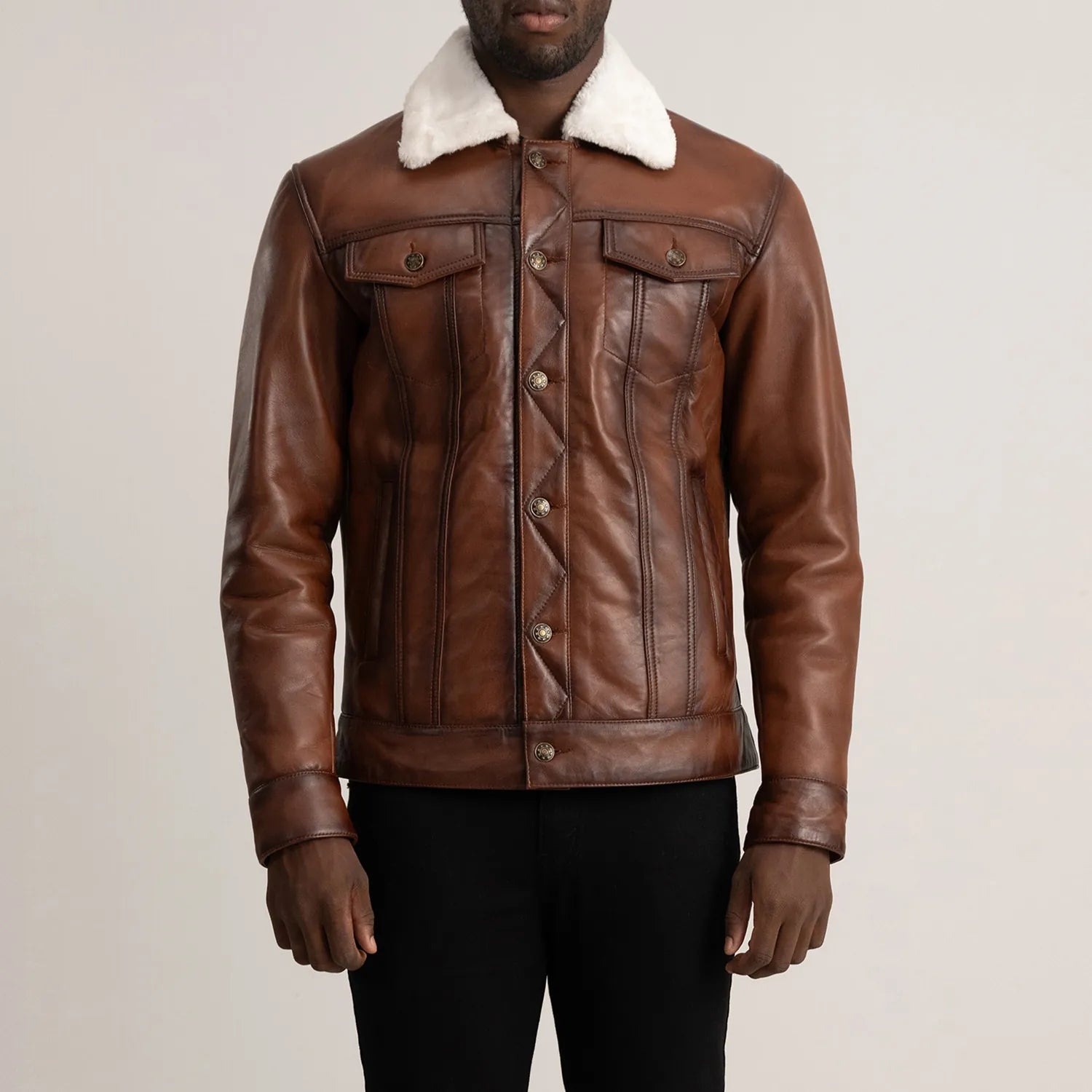 Sowachi Dallis Brown Leather Shearling Trucker Jacket