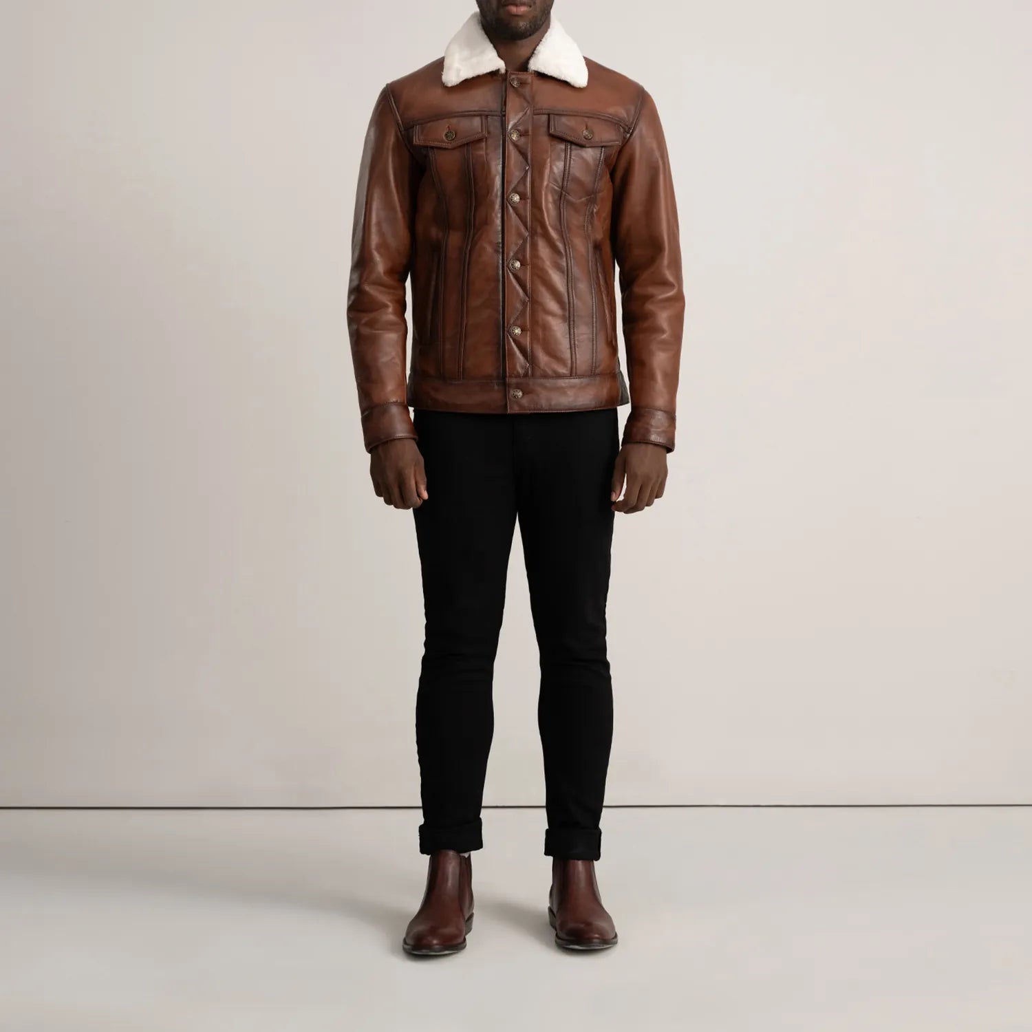 Sowachi Dallis Brown Leather Shearling Trucker Jacket