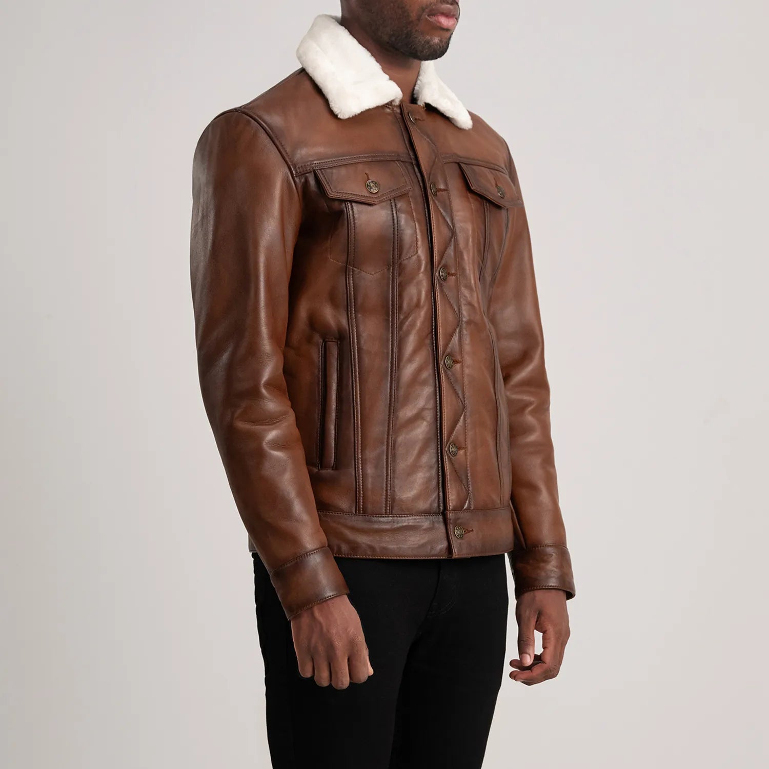 Sowachi Dallis Brown Leather Shearling Trucker Jacket