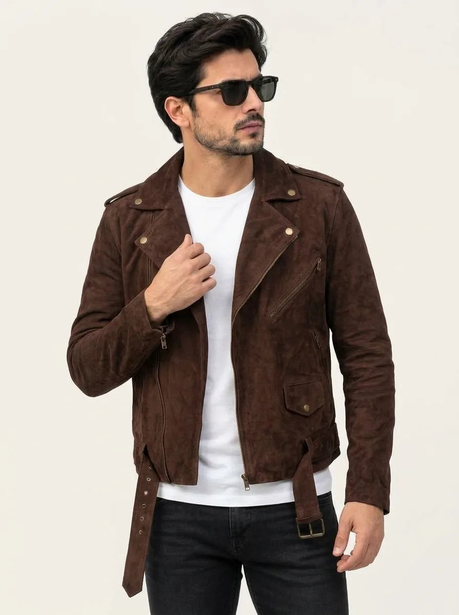 Sowachi Men’s Dark Brown Biker Suede Leather Jacket