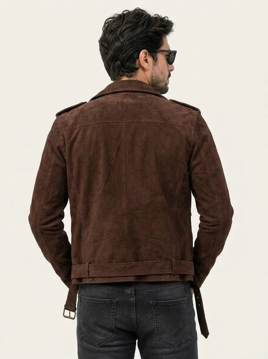 Sowachi Men’s Dark Brown Biker Suede Leather Jacket
