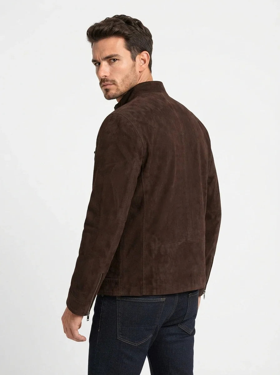 Sowachi Men’s Dark Brown Goatskin Suede Biker Jacket
