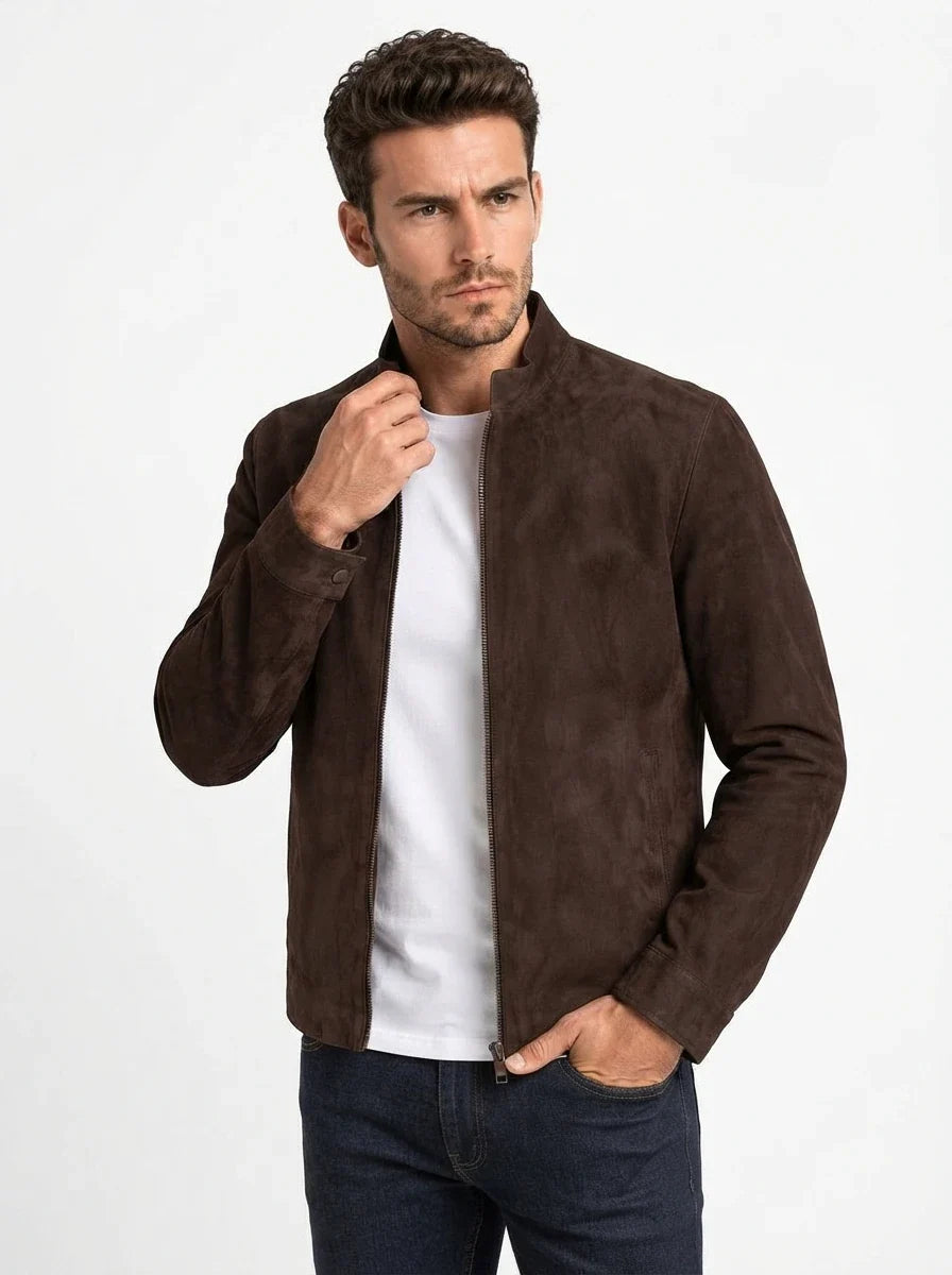Sowachi Men’s Dark Brown Goatskin Suede Biker Jacket