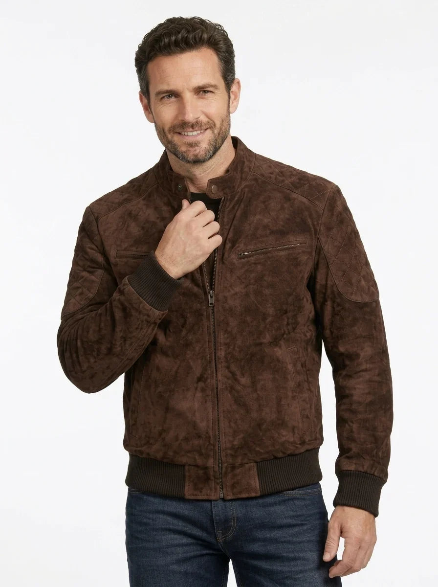 Sowachi Men’s Dark Brown Mocha Suede Bomber Jacket