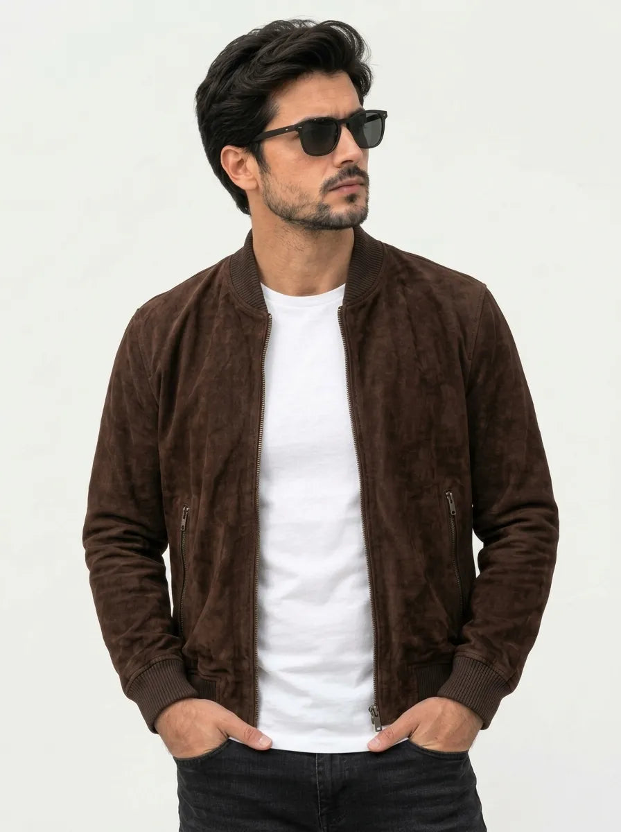Sowachi Men’s Dark Brown Suede Bomber Leather Jacket