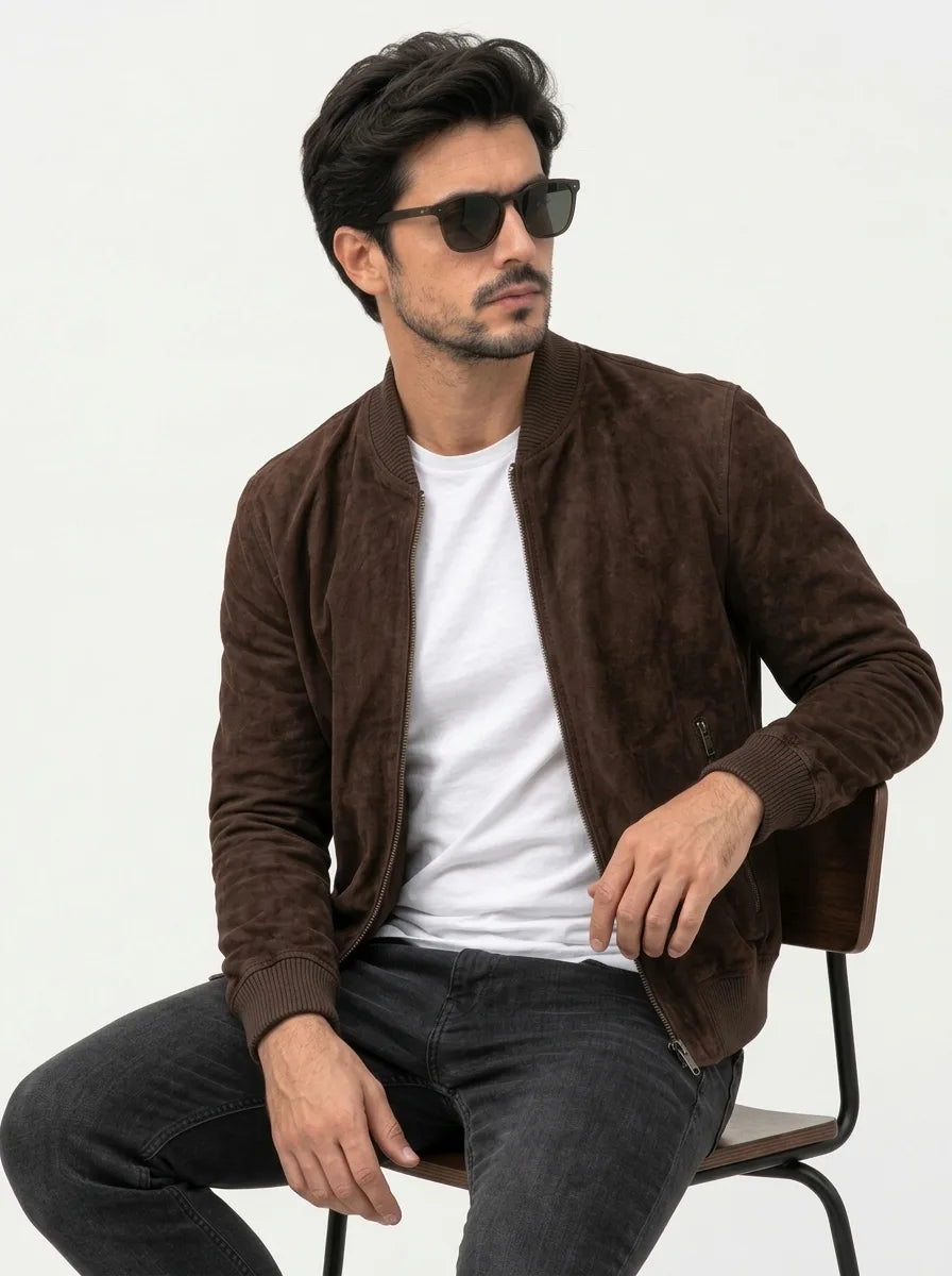 Sowachi Men’s Dark Brown Suede Bomber Leather Jacket