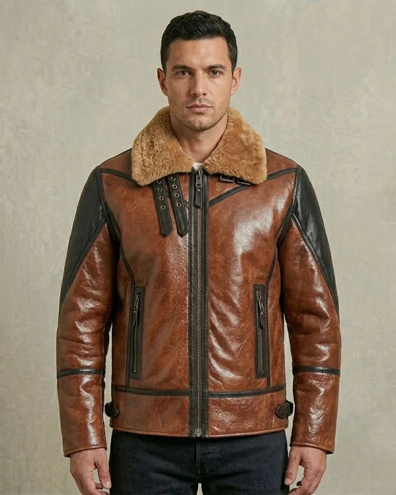 Sowachi Men's  Flight Aviator Real Sheepskin Fur Collar Leather Jacket